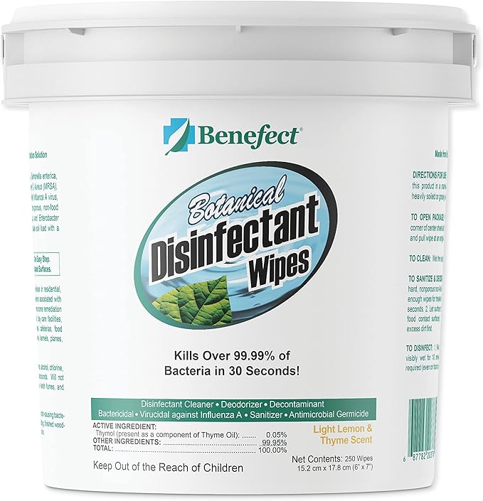 Benefect Botanical Disinfecting Wipes - (250 Wipe Count) Natural No Residue - Antibacterial Disinfectant Multi-Surface Cleaning and Sanitizing Wipes