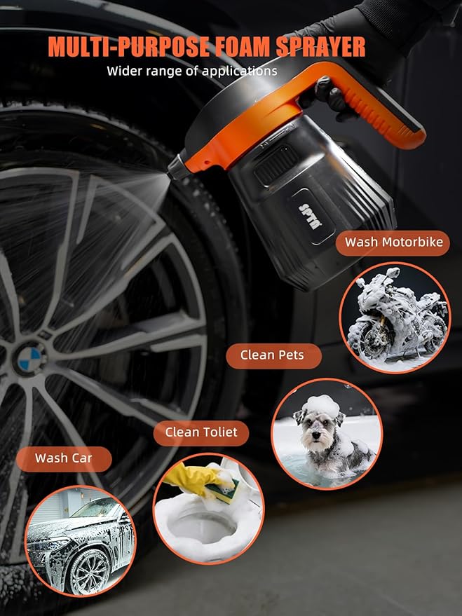 SPTA Pressure Foam Sprayer 2.25L/76 oz Electric Pressurized Soap Sprayer Car Foam Sprayer Cordless Pump Sprayer Car Wash Pressure Washer Foamer with 500ML Shampoo for Detailing