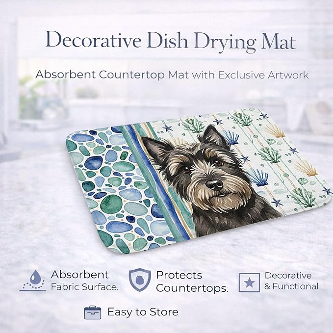 Caroline's Treasures Black Cairn Terrier Coastal Sea Glass Dish Drying Mat Absorbent Dish Drying Mat Pad for Kitchen Counter Dish Drainer Mat for Countertop 14 x 21 Multicolor
