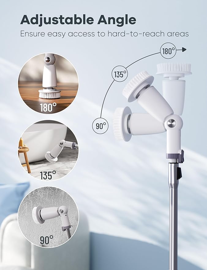 Electric Spin ScrubberFloor Shower Scrubber with Long Handle Power Scrubber Dual SpeedsCleaning Brush Cordless Scrub Brush with 3 Adjustable Angles8 Brush Heads for BathroomTile