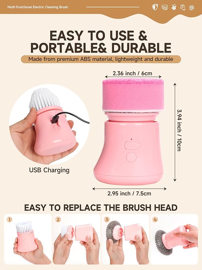 Electric Dish Washing Brush Small Handheld Power Scrubber Pink Cordless Cleaning Brushes kit Gift for Woman for Kitchen cleanup Dishes/Plates/Sink IP66 Waterproof Household Cleaning Supplies