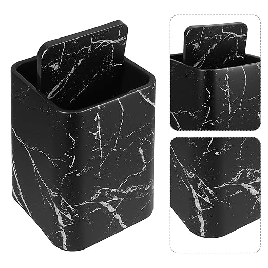 Marble Pattern Wastebasket with Lid Medium Size Square Trash Can Black Marble Texture Double Layer Garbage Bin for Home Bathroom Kitchen Office Use