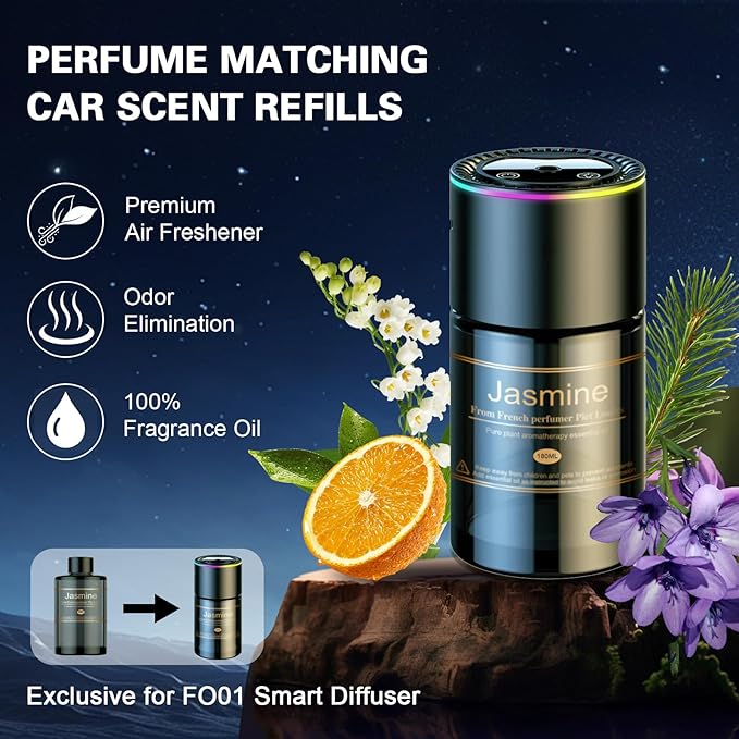 Smart Car Air Freshener Diffuser - 270-Day Long-Lasting Essential Oil (6.09oz/180ml) Auto On/Off Sensor Ultrasonic Dual Modes Multi-Mode Adjustable Natural French Fragrance Oils Jasmine Scent