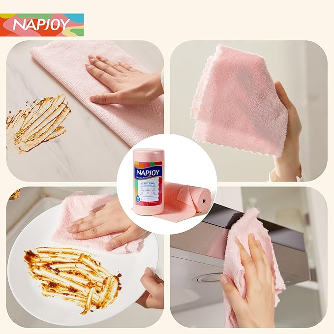 Napjoy Microfiber Cleaning Cloth Roll 75PK Easy Tear Away Reusable Paper Towels 12 x 12 Lint-Free and Scratch-Free with Patented Fiber Technology Microfiber Towel Roll Pink