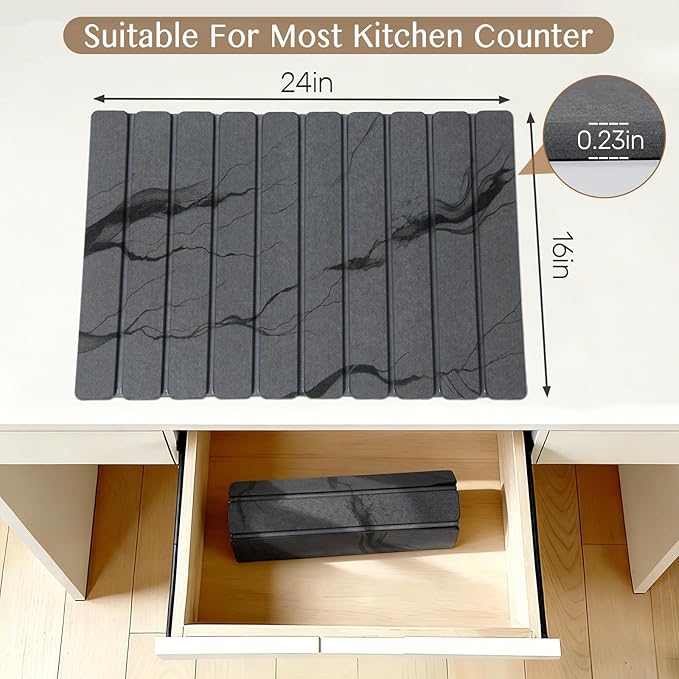 Large Stone Dish Drying Mat for Kitchen Counter Thin &amp Light Quick Dry Stone Dishes Mats Foldable Water Absorbing Diatomite Drying Pad for Kitchen Bathroom Sink Countertop (Gray Ink 24×16 &amp