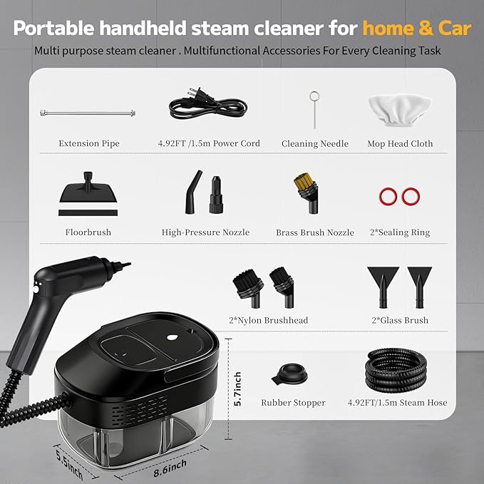Pressurized Steam Cleaner 54oz Large Tank Portable Steamer for Cleaning with 15-Piece Kit 15s Fast Heat-Up 3-Level Control Handheld Steam Cleaner for Home Car Kitchen Tile Grout(black)