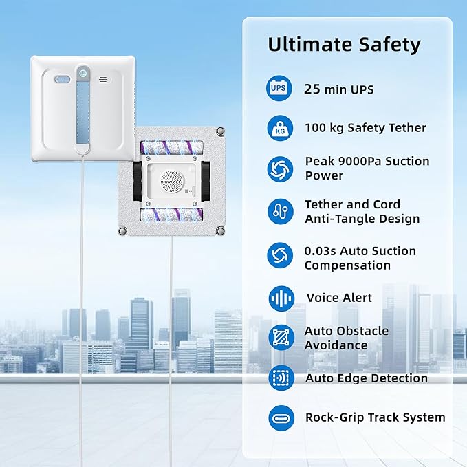 Window Cleaning Robot - Patented DualFore Tech Turbo Roller Brush + Microfiber Pad Combo Cleaning 6 Wide-Angle Spray Nozzles AI Nav Multi-Layer Safety App/Remote Control