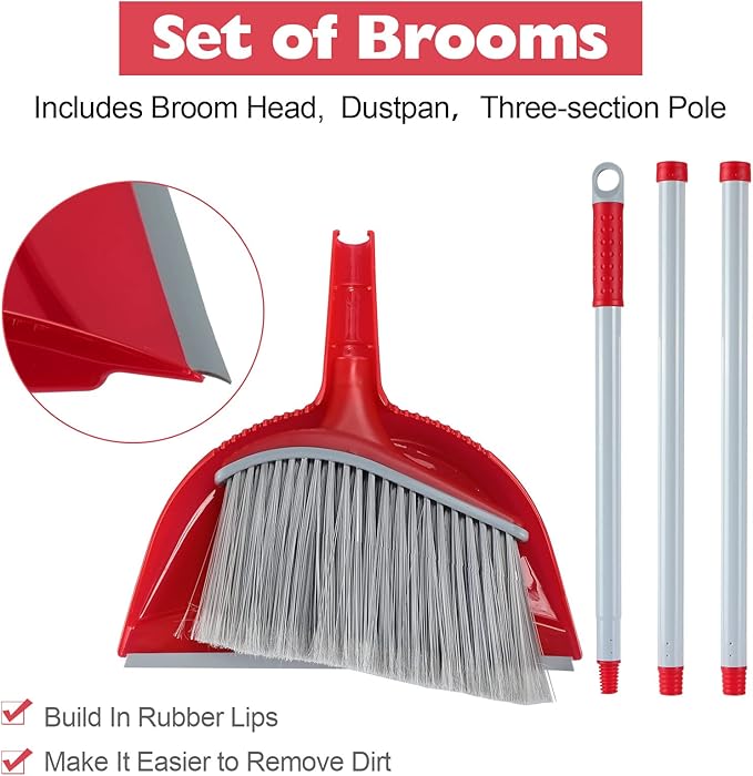Meanplan 4 Pcs Angle Broom and Dustpan Combo Set for School Classroom 54'' Outdoor Indoor Cleaning Broom Commercial Broom with Step-on Dustpan for Home Kitchen Office Floor Dirt Dust Hair Cleaning