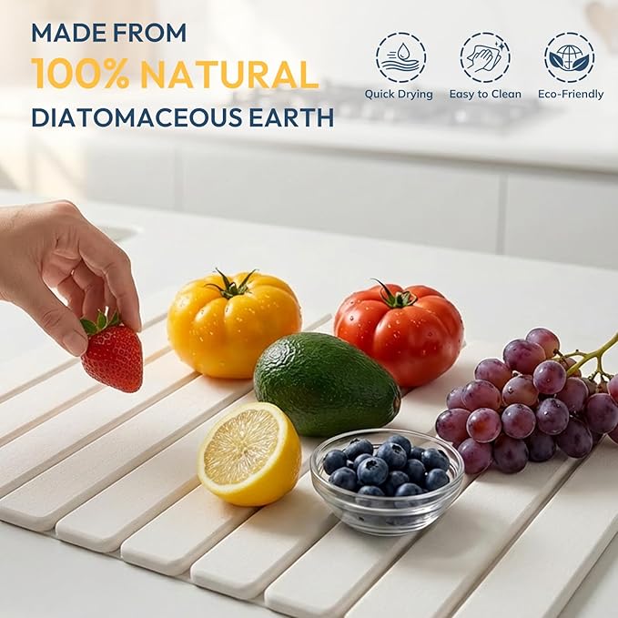 Large Stone Dish Drying Mat for Kitchen Counter 24''×16'' Collapsible Quick Dry Stone Mat Super Absorbent Diatomaceous Earth Mat for Dishes Utensils &amp Glasses White