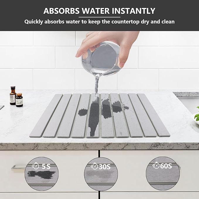 Large Stone Drying Mat for Kitchen Counter Diatomaceous Earth Collapsible 24”（L）*16”（W）Super Heat Resistant Mats Quick Absorbent Dish Drying Rack（Light Gray）