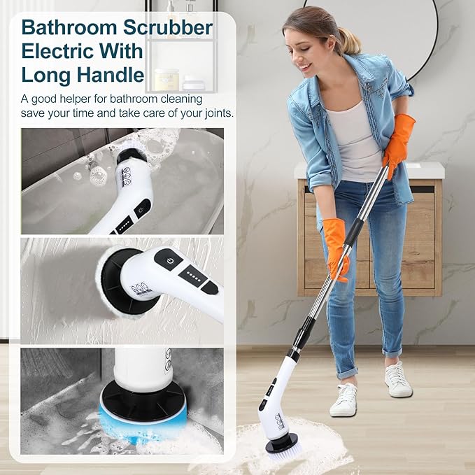 Electric Spin Scrubber with 7 Replaceable Brush HeadShower Scrubber with Long Handle7 in 1 Cordless Cleaning BrushPower Shower Scrubber for Bathroom Tub Tile Floor Kitchen WindowBlack