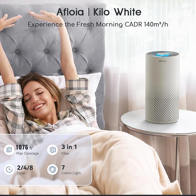 Afloia Air Purifier for Home Bedroom Large Room Up to 1076 Ft² 3-Stage Filter Air Purifiers for Bedroom Remove Dander Pets Hair Pollen Mold Smoke 7 Colors Light Kilo Grey