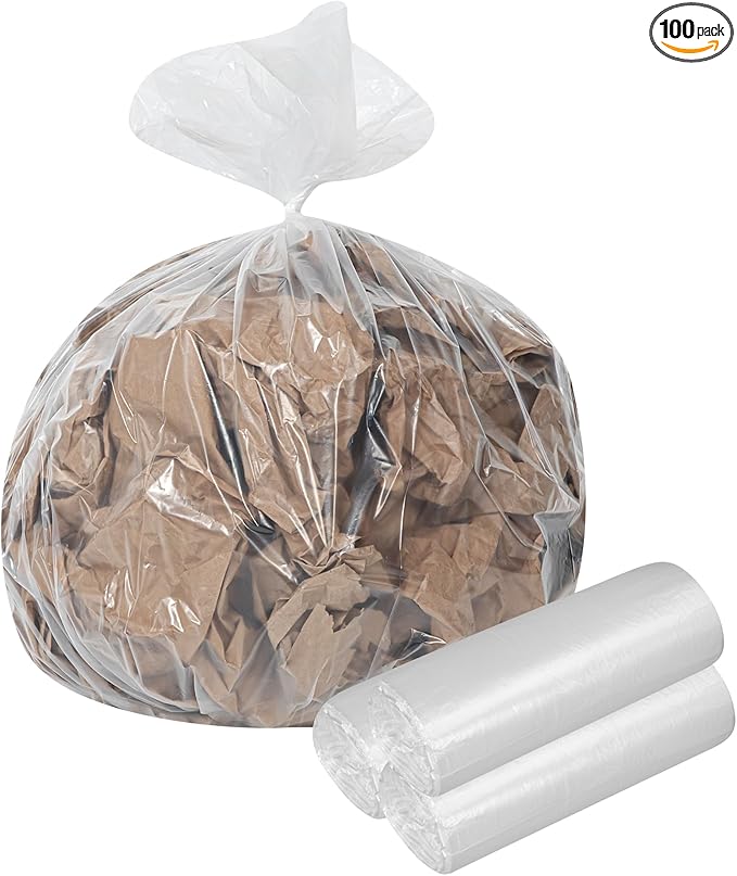 Restaurantware-RW Clean 45 Gallon Trash Bags 100 Heavy-Duty Garbage Can Liners- Fits 40-45 Gallon Trash Cans Stretchable Clear Plastic Bin liners with Star Seal Bottom