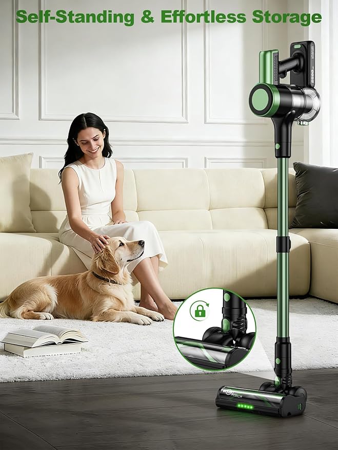 Cordless Vacuum Cleaner 58Kpa Vacuum Cleaners for Home 55Mins Stick Vacuum with Self-Standing &amp LED Display Anti-Tangle &amp Wall Mount Charging (Green)