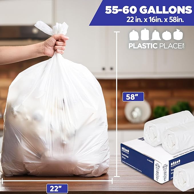 Plasticplace 55-60 Gallon Trash Bags │ 0.7 Mil │ White Heavy Duty Garbage Can Liners │ 38” x 58” 100 Count(Pack of 1)