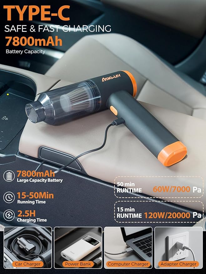 aokway Car Vacuum Portable Cordless 20000PA Powerful Suction 7800mAh Mini Vacuum Cleaner for Car Electric Air Duster &amp Blower Mini Handheld Vacuum 4-in-1 Rechargeable for Home Office Desk Clea