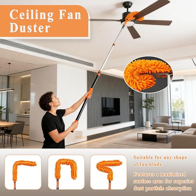 20ft High Ceiling Duster Kit with 4-12ft Heavy-Duty Extension Pole Cobweb Duster Ceiling Fan Duster Window Squeegee &amp Cleaner Microfiber Duster Wall Mop for Home High Reach Cleaning