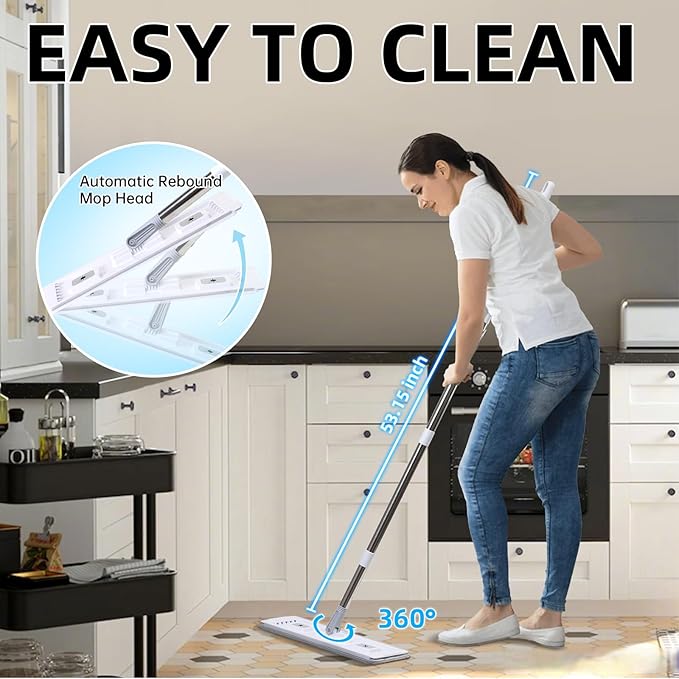 Wall Floor Mop Kit: Long Handle Scrubber with Wringer Bucket Washable Microfiber for Kitchen Bathroom &amp Hardwood - Women’s All-Purpose Cleaning Tools