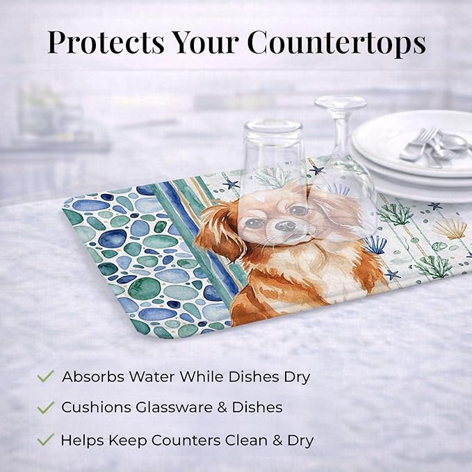 Caroline's Treasures Red Tibetan Spaniel Coastal Sea Glass Dish Drying Mat Absorbent Dish Drying Mat Pad for Kitchen Counter Dish Drainer Mat for Countertop 14 x 21 Multicolor
