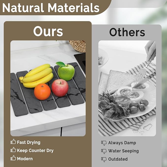 Large Stone Dish Drying Mat for Kitchen Counter 2PCS Quick Dry Stone Dishes MatFoldable Water Absorbing Diatomaceous Drying Organizer Pad for Plate Rack Bottles Utensils(Dark Gray 16x12 &amp 8“x4