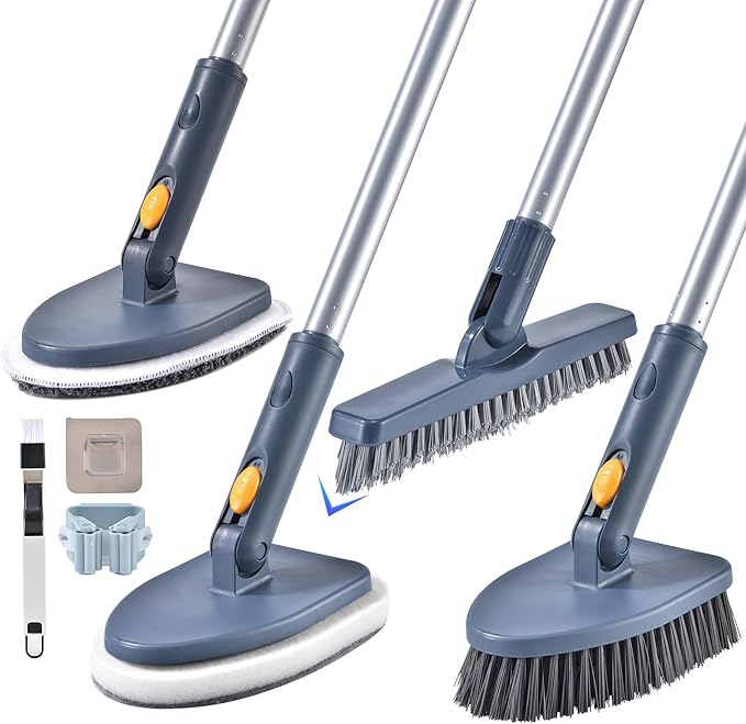 Shower Cleaning Brush4 in 1 Tile Tub Shower Scrubber with 54.7'' Long Handle Stiff Bristles Sponge Brush Grout Brush Microfibe Pads for Bathroom Kitchen Toilet Wall Glass Tub Tile Sink