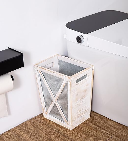 Small Wood Trash Can Wastebasket Decorative Barn Door Garbage Can Waste Basket Rustic Distressed Rectangular Trash Bin Farmhouse Wooden Storage Basket Waste Paper Bin (Whitewash)
