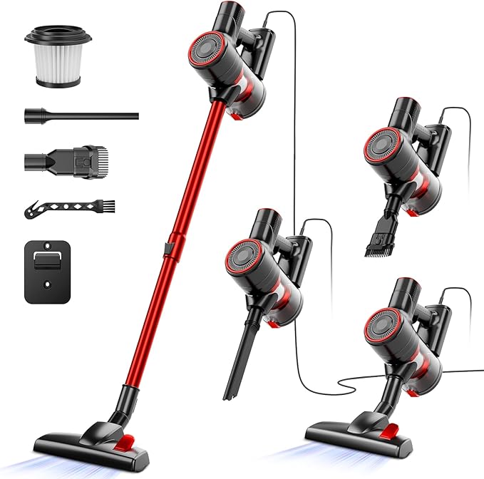 Corded Stick Vacuum Cleaner 25Kpa Powerful Stick Vacuum 2 in 1 Vacuum Cleaners1.2 L Dust Cup Corded Handheld Vacuum Pet for Hair Short-Pile Carpet Hardfloor (Red)