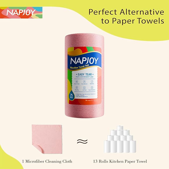 Napjoy Microfiber Cleaning Cloth Roll 75PK Easy Tear Away Reusable Paper Towels 12 x 12 Lint-Free and Scratch-Free with Patented Fiber Technology Microfiber Towel Roll Pink