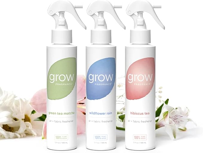 Grow Fragrance Spring 3-Pack – Non-Toxic Air Freshener Spray – Green Tea Matcha Hibiscus Tea &amp Wildflower Rain – 100% Plant-Based Essential Oils – Safe for Home Car &amp Linens – 5 oz Each