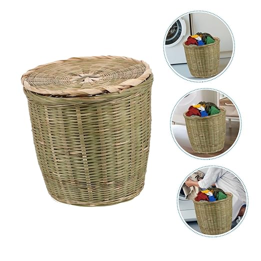 Handwoven Bamboo Storage Basket with Lid Versatile Woven Wastebasket for Kitchen Bedroom and Toy Organization Bamboo Material