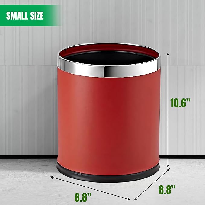 Small Office Trash Can Open Top Small Wastebasket Bin Invisi-Overlap' Metal Garbage Can Waste Basket for Powder Room Vanity Bathroom (Red)