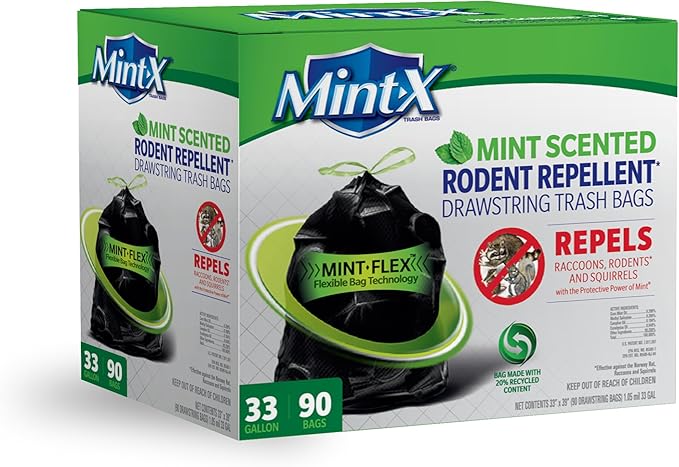 Mint-X Rodent Repellent Outdoor Home and Industrial Trash Bags with Drawstring &amp Mint-Flex Technology 33 Gallon 90 Count Black