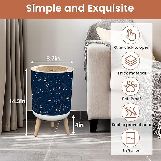 Bathroom Trash Can with Lid Seamless Galaxy Blue Gold Constellations Stars Golden Space Garbage Bin Waste Basket for Kitchen Office Bedroom Decoration Diaper Pail 1.8 Gallon