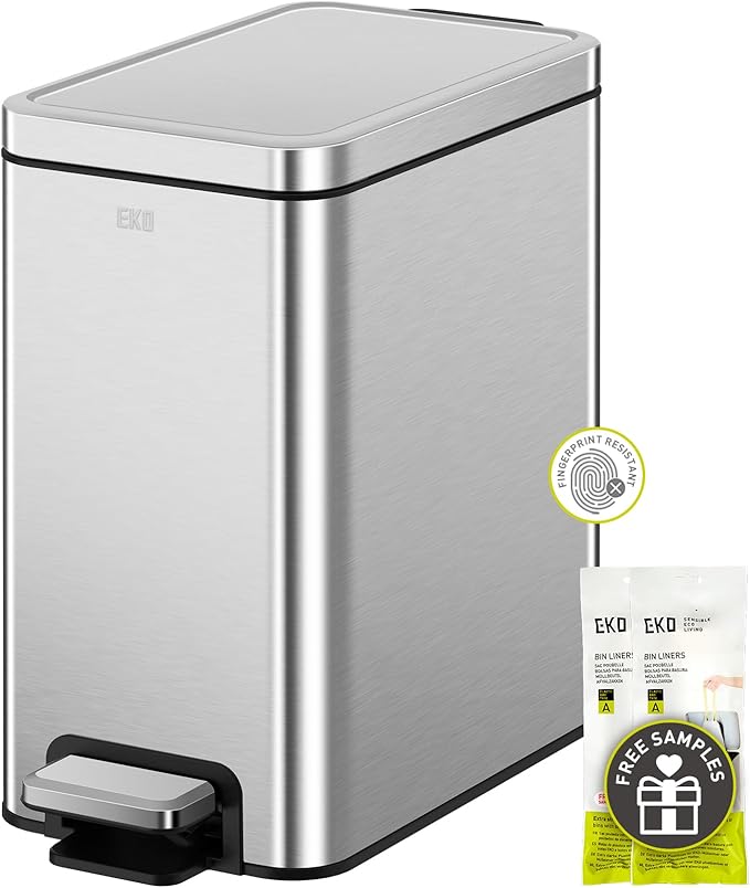 EKO Small Bathroom Trash Can with Lid Soft Close Step Pedal 6 Liter / 1.6 Gallon Stainless Steel Garbage Can with Removable Inner Bucket Anti-Fingerprint Finish (Silver)