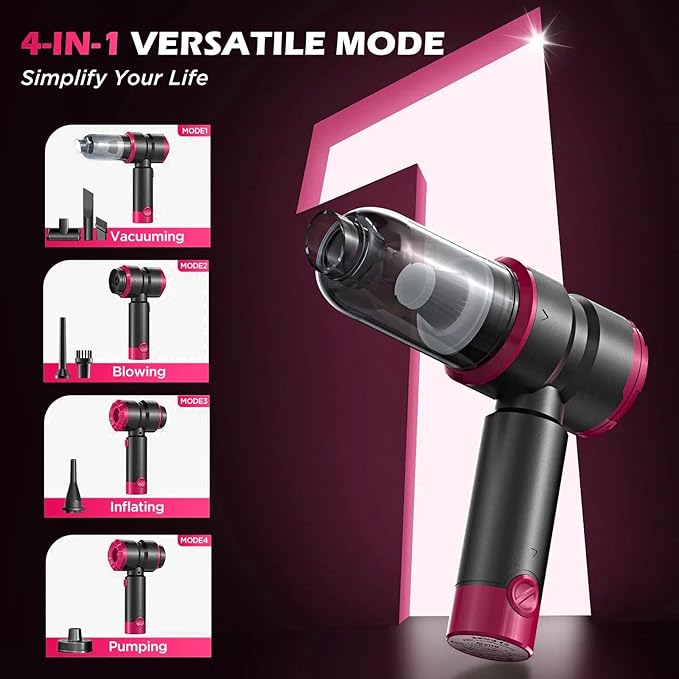 Handheld Car Vacuum with 15000PA Power 4 in 1 Powerful Cordless Vacuum Cleaner &amp Air Duster with 2000mAh Battery Rechargeable Portable Mini Hand Held Vacuum for Car HomeOfficePet Hair（Pink）
