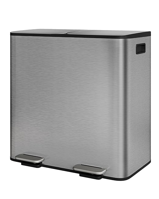 GarveeHome 2 x 10.6 gal Stainless Steel Double Trash Can with Lid for Kitchen Large Dual Trash and Recycle Bin Combo Step-on Kitchen Metal Garbage Cans PP Inner Buckets Liner Rim Matte Grey
