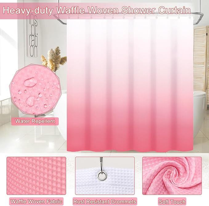 Bathroom AccessoriesBathroom Set with Shower CurtainRugsTrash CanLotion Soap DispenserToothbrush HolderSoap Dish Tags with Tray（Pink1 ）（Bath Set+Shower Curtain+Bath Rugs）