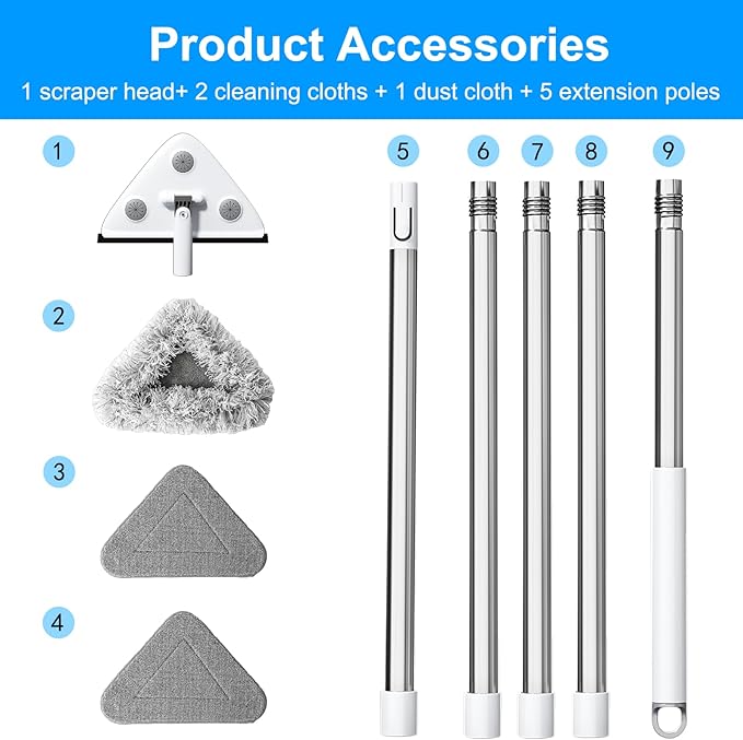 CTIME 78'' 3 in1 Professional Window Squeegee &amp Wall Mop : Window Cleaning Kit with 360° Rotating Triangular Head &amp Universal Cloth Slots (Includes 3 Reusable Pads)