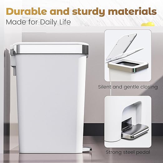 Small Bathroom Trash Can with Lid Soft Close 10 Liter/2.6 Gallon Slim Garbage Can-Metal Step and Press top Lid Mini Modern Waste Basket for Toilet Office BedroomDormGrayish-White