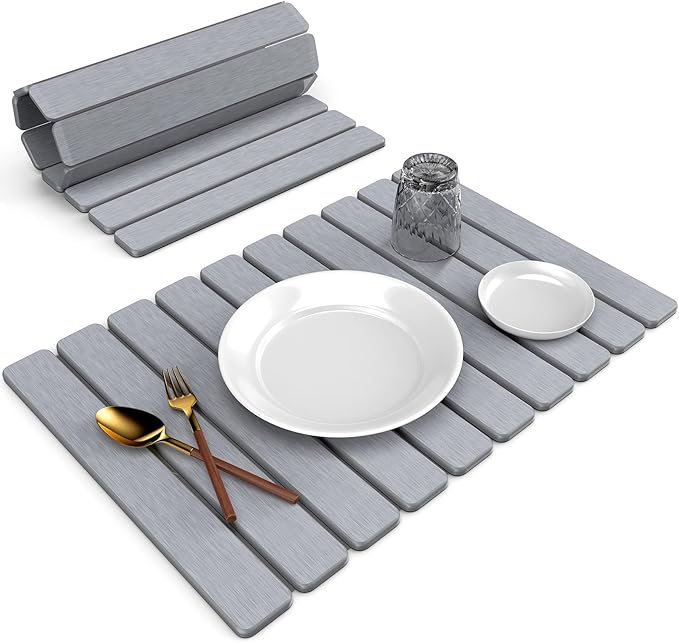 Large Stone Dish Drying Mat for Kitchen Counter 24(L)×16(W) Collapsible Quick Dry Stone Dish Mats Super Absorbent Diatomaceous Earth Drying Pad for Dishes Bottles Cups Countertops (Light Grey)
