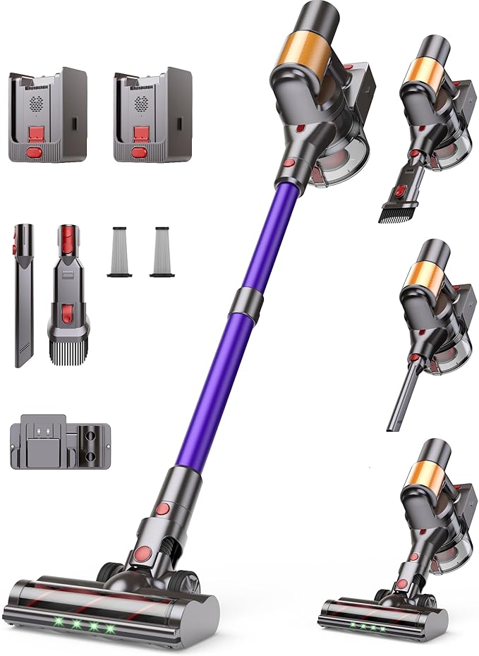 Cordless Vacuum Cleaner 2 Batteries 120 Mins Runtime 600W 50KPA Stick Vacuum with Self-Standing Tangle-Free Brush LED Display Vacuum Cleaner for Home Hardwood Floor Carpet Pet Hair