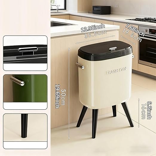 Garbage Can with Legs Dustbin High Foot 15L Large Capacity Household No Bending Wastebasket for Office Bedroom Kitchen Toilet White