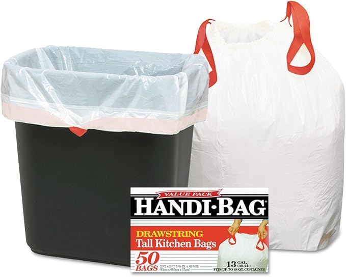 Handi-Bag HAB6DK50 Drawstring Kitchen Bags 13gal 0.6mil 24 x 27 3/8 White 50/Box