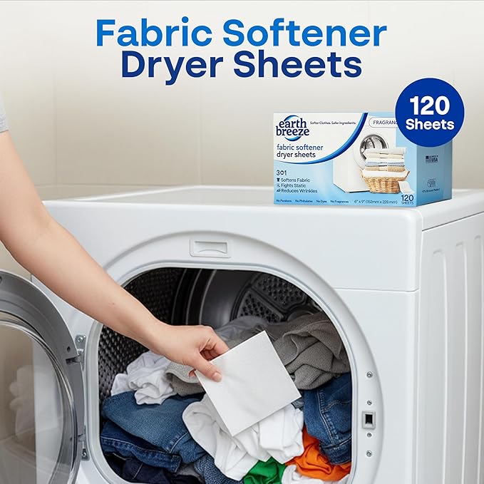 Earth Breeze Fabric Softener Dryer Sheets – Fragrance Free Hypoallergenic No Harsh Chemicals Safe for Sensitive Skin – Static Cling &amp Wrinkle Reducer – Gentle Fabric Care – Made in USA (2 Pack)