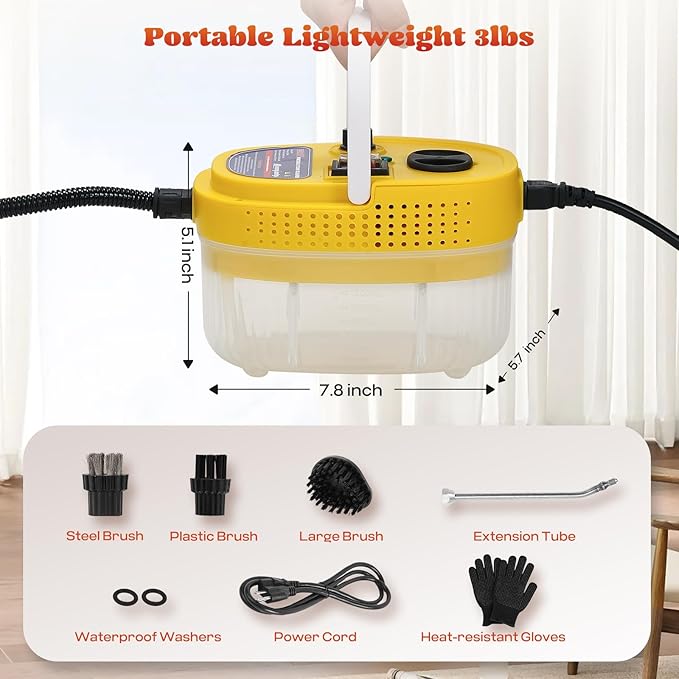 Moongiantgo Handheld Steam Cleaner 2500W High Pressure Steamer for Cleaning Portable Pressurized Cleaning Machine for Home Kitchen Car Detailing Grout Tile Bathroom with 1200ml Water Tank (Yellow)