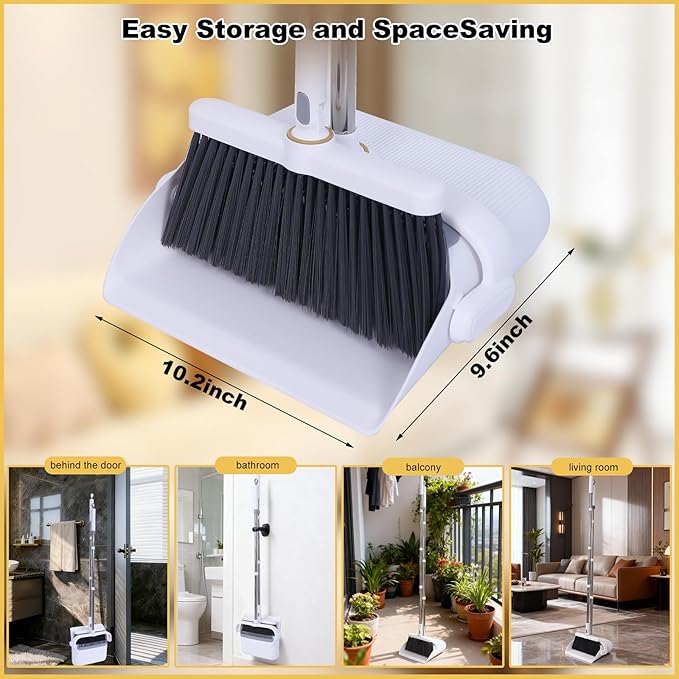 Heavy Duty Broom and Standing Dustpan Combo Set Rotatable Head Dust Pan and Brush Set with Collapsible Handle Cleaning Teeth Hanging Loop Ideal for Pets RV Kitchen Camping Outdoor Floor White
