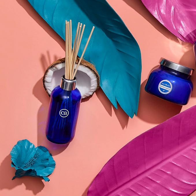 Capri Blue Coconut Santal Reed Diffuser Set - Includes Reed Diffuser Sticks Fragrance Oil and Glass Bottle - Luxury Scented Room Fresheners - Cobalt Blue (8 fl oz)