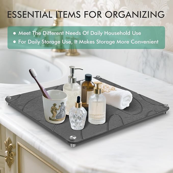 Stone Drying Mat For Kitchen Counter Superb Absorbent Diatomaceous Earth Mats with Non-Slip Feet Quick Dry Stone Dish Drying Pad Dish Pad Multi-Purpose(Flow Line-DarkGrey 15.7 x 11.8)