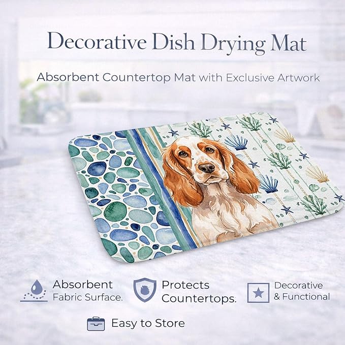 Caroline's Treasures Orange Roan English Cocker Spaniel Coastal Sea Glass Dish Drying Mat Absorbent Dish Drying Mat Pad for Kitchen Counter Dish Drainer Mat for Countertop 14 x 21 Multicolor
