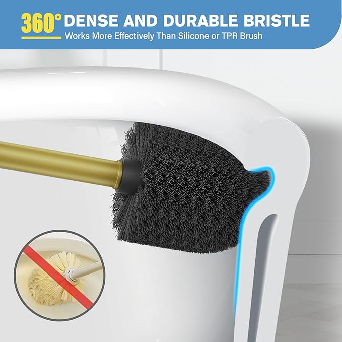 UPTRONIC Toilet Brush Aluminum Alloy Toilet Brush and Holder Set with Long Handle Durable Bristles Toilet Bowl Brush and Covered Holder for Toilet Scrubber for Bathroom Cleaning (2 Gold)
